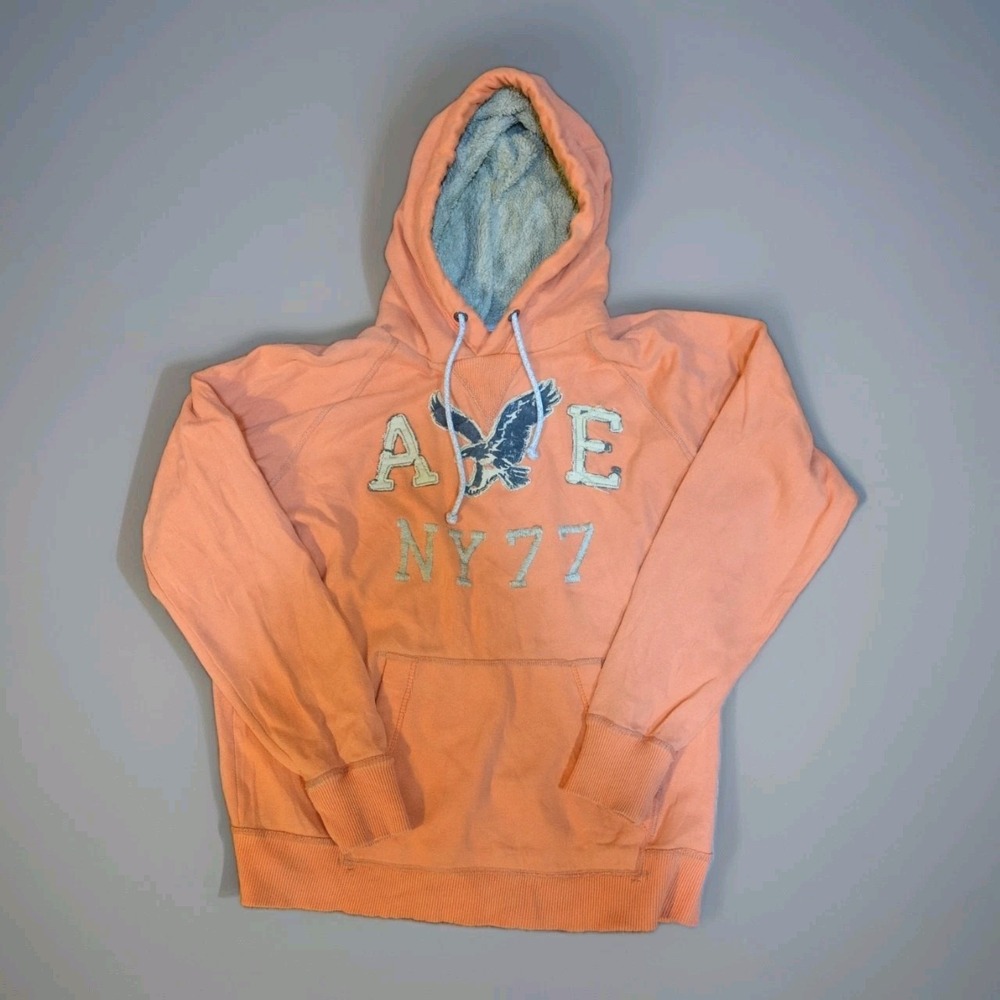 American Eagle Hoodie Mens Large Orange AE NY77 Logo Fleece Hooded Pullover Y2K